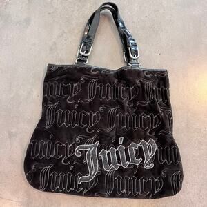 Juicy Couture black velour signature embroidered tote Y2K purse shoulder bag LG